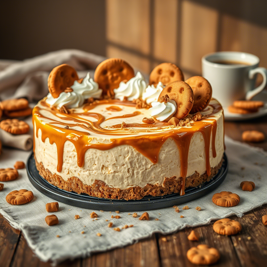 Close-up of a stunning no-bake Biscoff cheesecake with cookie crust, creamy filling, and Biscoff drizzle, a truly decadent and attractive dessert