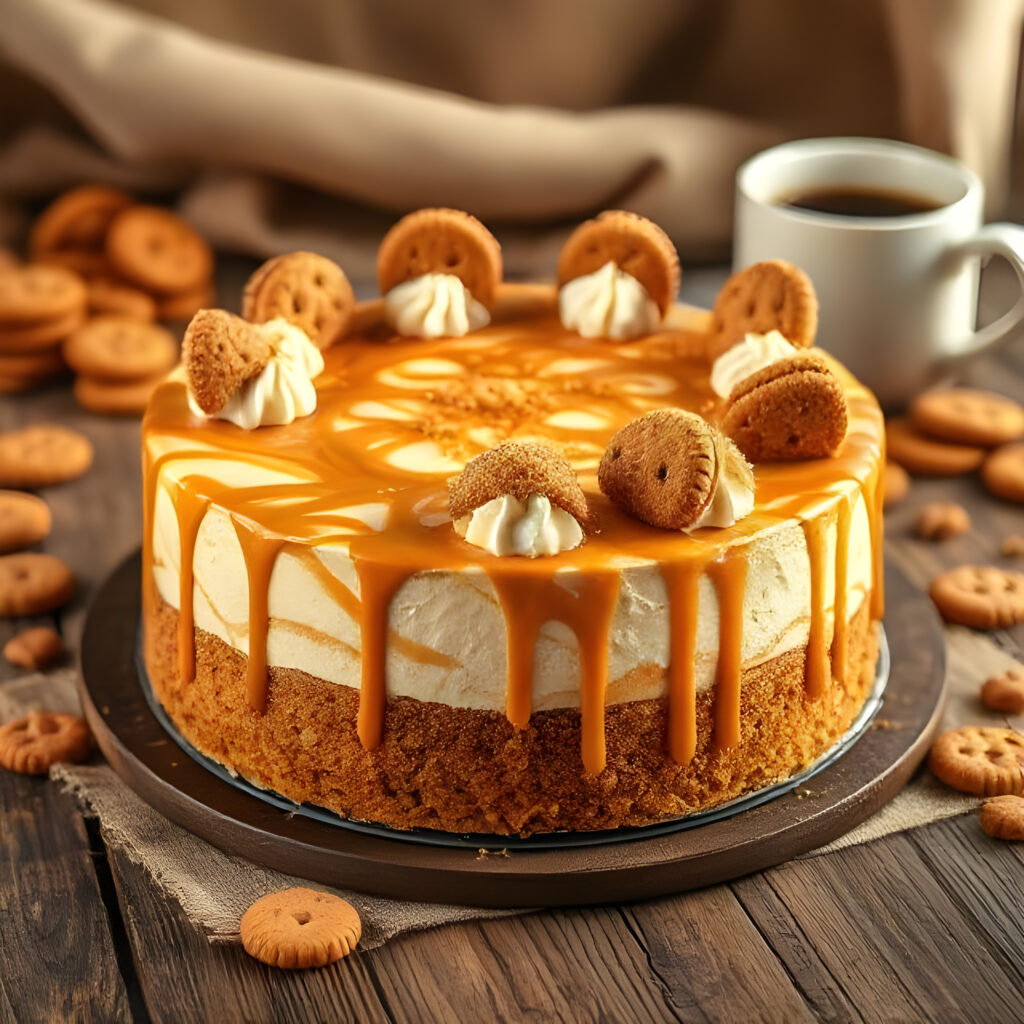 Close-up of a stunning no-bake Biscoff cheesecake with cookie crust, creamy filling, and Biscoff drizzle, a truly decadent and attractive dessert