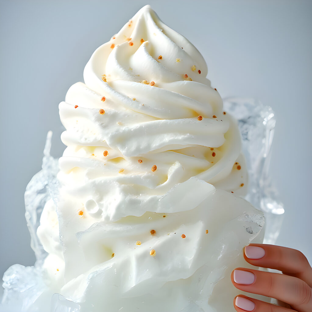 Soft serve ice cream swirl with orange sprinkles on ice, held by a hand.