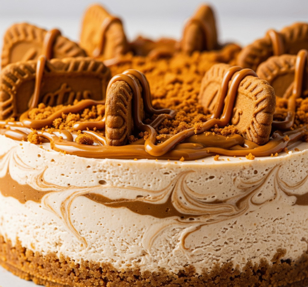 Close-up of a stunning no-bake Biscoff cheesecake with cookie crust, creamy filling, and Biscoff drizzle, a truly decadent and attractive dessert