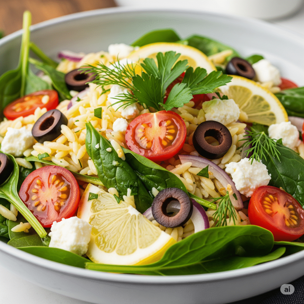 Vibrant Lemon Garlic Orzo Salad in a ceramic bowl with fresh spinach, cherry tomatoes, feta, and olives, glistening with dressing – a fantastic and healthy Mediterranean recipe