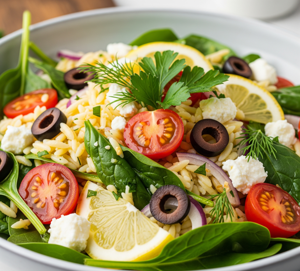 Vibrant Lemon Garlic Orzo Salad in a ceramic bowl with fresh spinach, cherry tomatoes, feta, and olives, glistening with dressing – a fantastic and healthy Mediterranean recipe