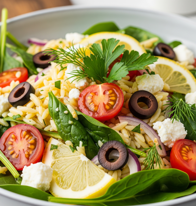 Vibrant Lemon Garlic Orzo Salad in a ceramic bowl with fresh spinach, cherry tomatoes, feta, and olives, glistening with dressing – a fantastic and healthy Mediterranean recipe