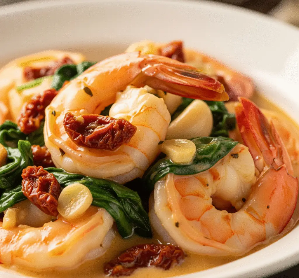 Plump Creamy Tuscan Shrimp in a shallow bowl with sun-dried tomatoes, spinach, and a rich, glossy sauce, a truly attractive and delicious dinner.