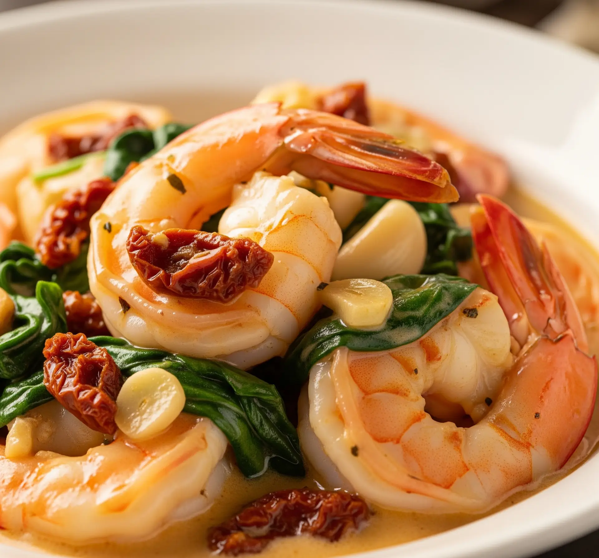 Plump Creamy Tuscan Shrimp in a shallow bowl with sun-dried tomatoes, spinach, and a rich, glossy sauce, a truly attractive and delicious dinner.