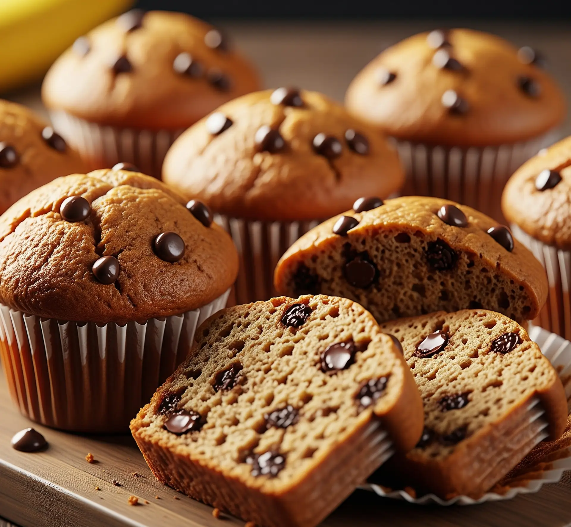 Fluffy and moist chocolate chip banana muffins on a wooden board, some sliced to show the texture.
