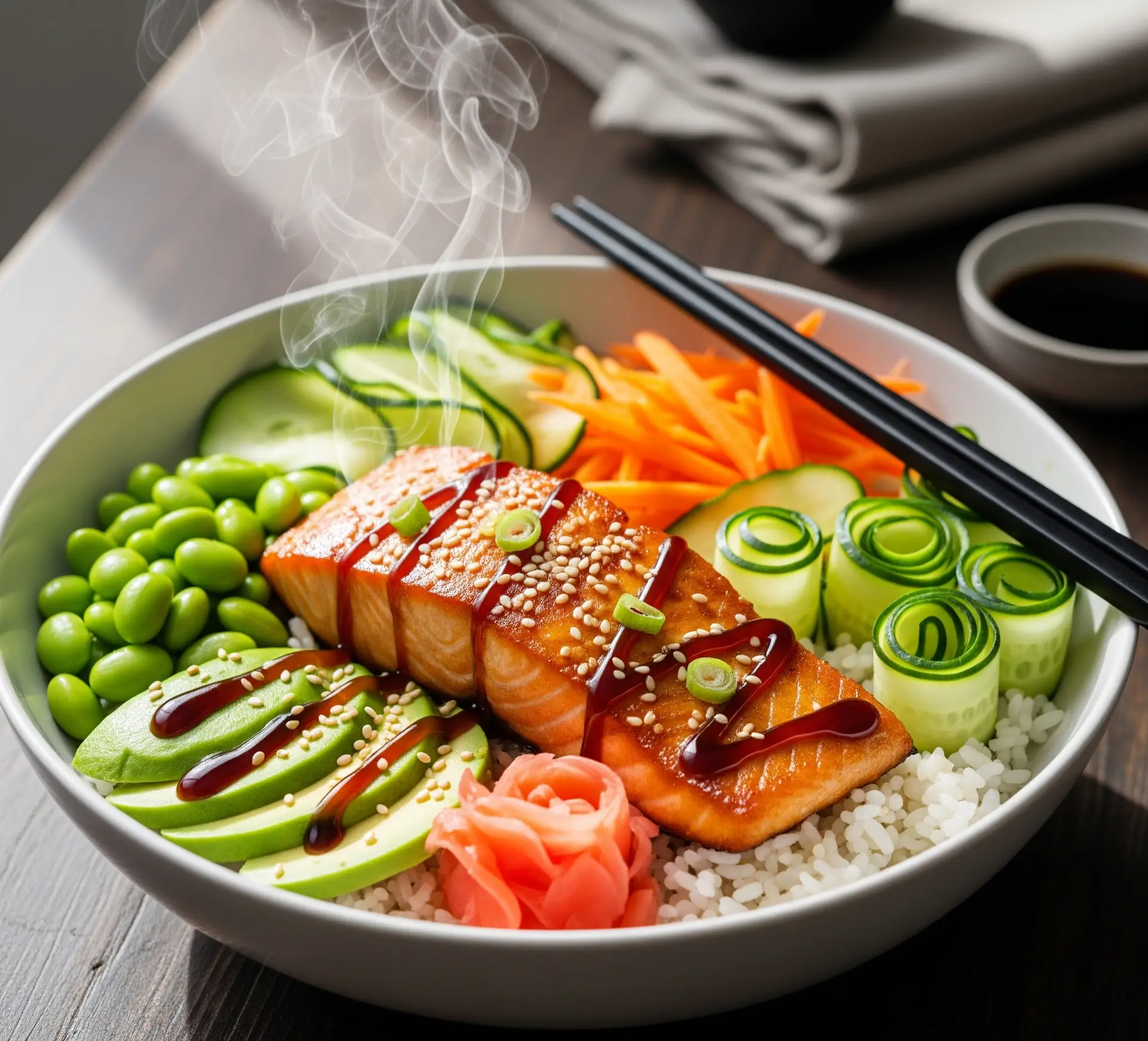 Teriyaki Salmon Bowl with steamed rice and vegetables