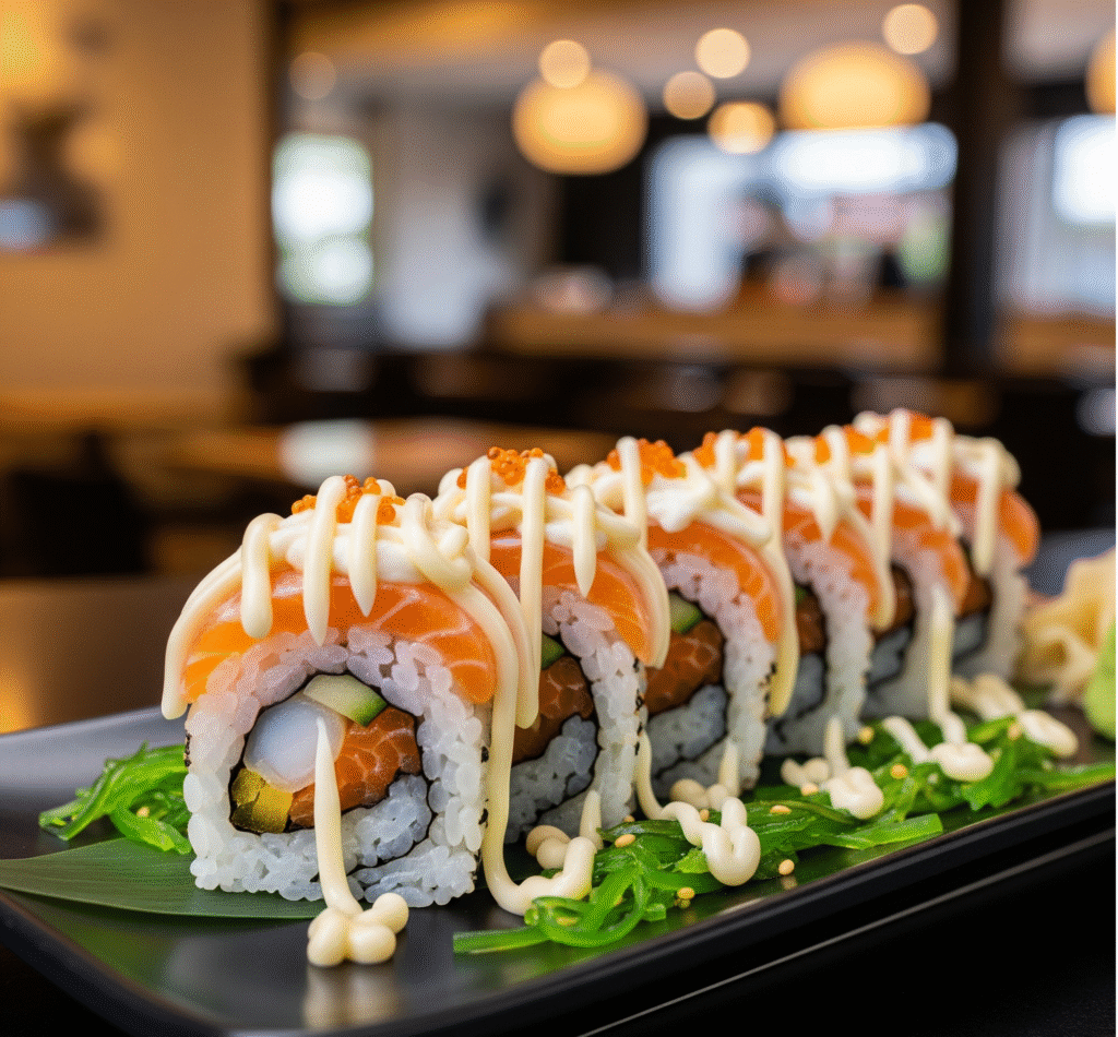 Close-up of creamy crab-mayo sushi bake topped with furikake and served with seaweed sheets.