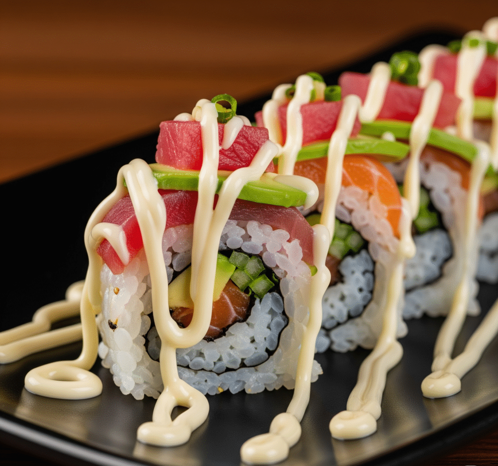 Close-up of creamy crab-mayo sushi bake topped with furikake and served with seaweed sheets.