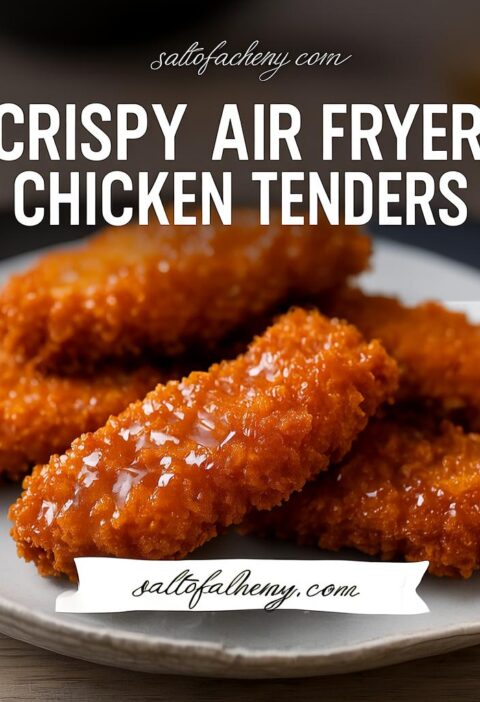 Close-up of golden-brown, crispy air fryer chicken tenders drizzled with a sauce, served on a white plate with a dark rim, with the website Saltofalchemy.com overlaid at the top and bottom