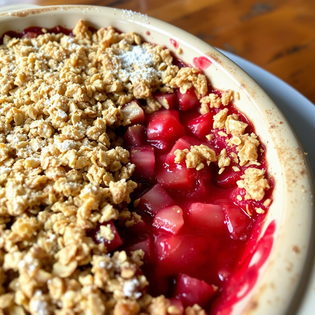 A rustic black baking dish filled with a freshly baked, gluten-free strawberry rhubarb crisp. A spoon lifts a serving, showing the bubbly red fruit filling and the golden-brown, oaty crumble topping.
