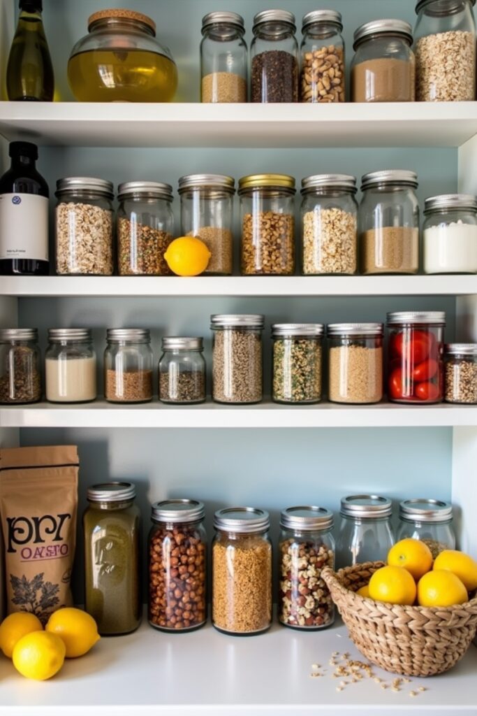  Low-FODMAP pantry ingredients like canned lentils, gluten-free pasta, olive oil, and quinoa on a wooden counter.