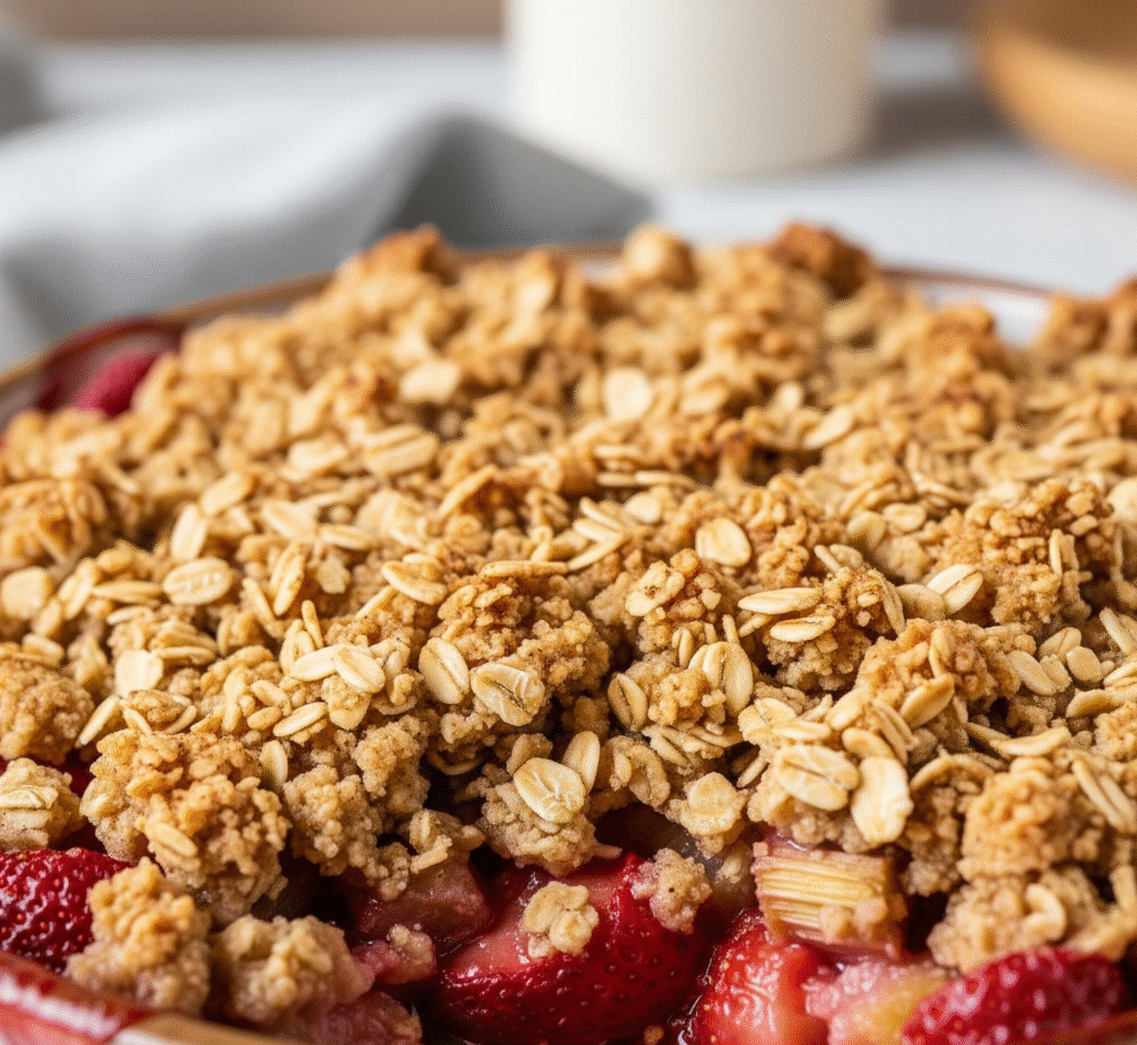 A rustic black baking dish filled with a freshly baked, gluten-free strawberry rhubarb crisp. A spoon lifts a serving, showing the bubbly red fruit filling and the golden-brown, oaty crumble topping.