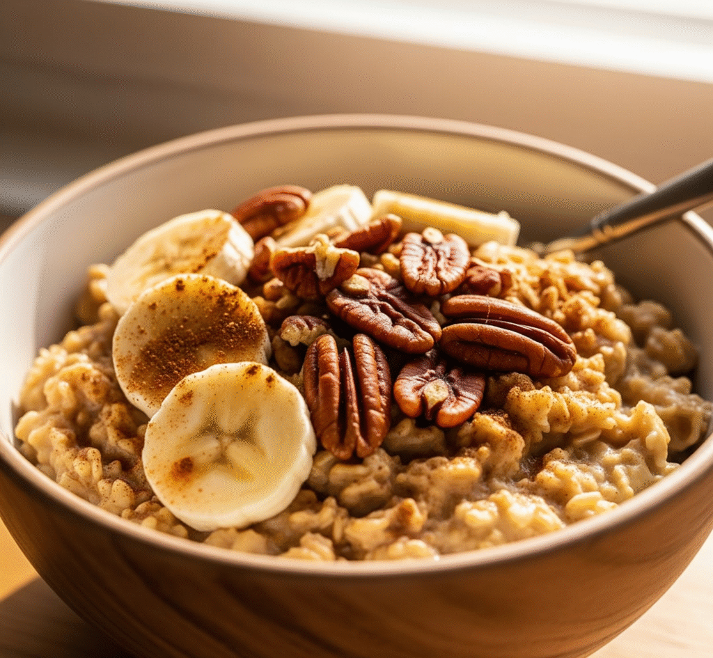 A warm bowl of oatmeal topped with sliced bananas, pecans, and a dusting of cinnamon, suggesting a healthy and comforting breakfast.
