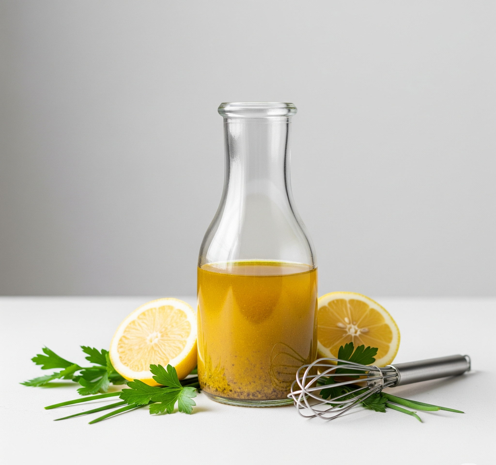 Homemade lemon-herb vinaigrette in a clear glass bottle with fresh lemon halves, parsley, and chives, alongside a whisk, on a light background.