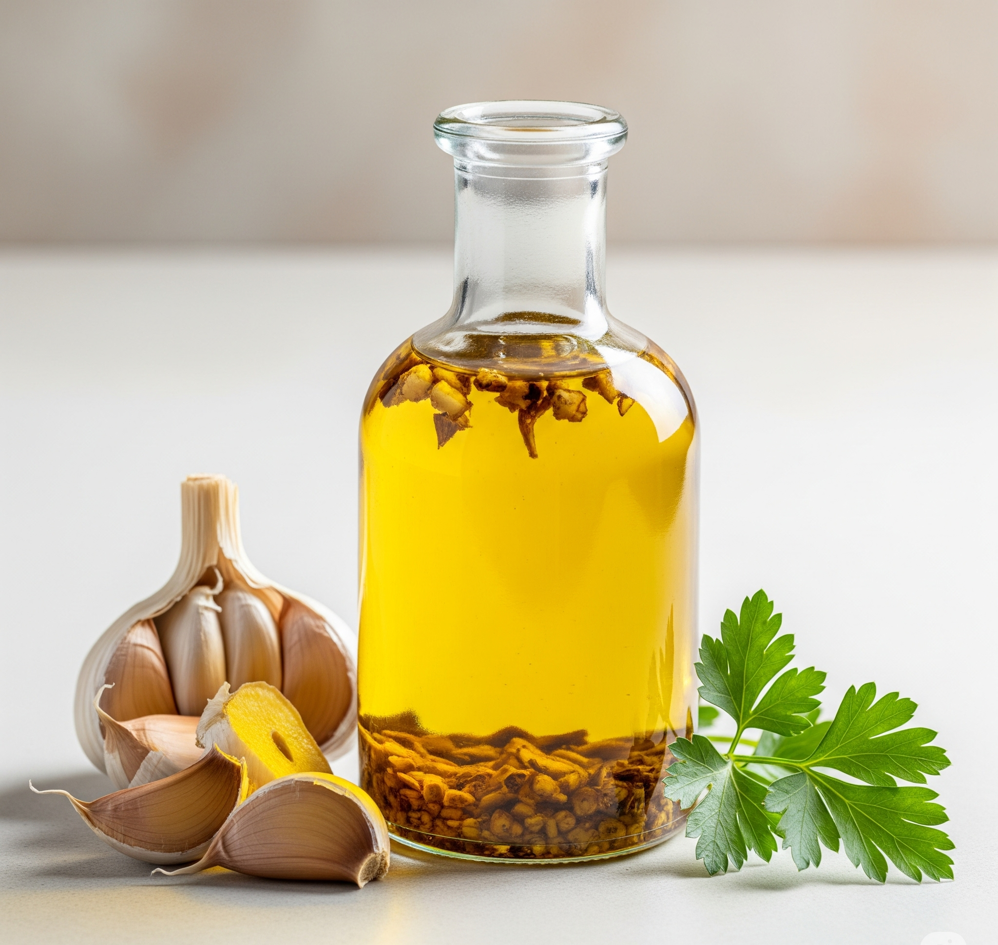 Glass bottle of homemade garlic oil with chopped garlic, surrounded by fresh garlic cloves and parsley on a light surface.