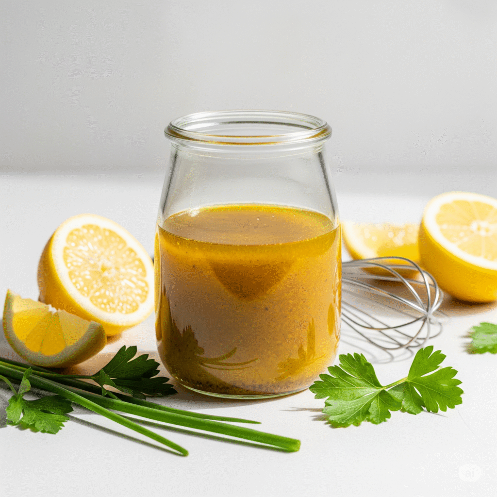 Homemade lemon-herb vinaigrette in a clear glass bottle with fresh lemon halves, parsley, and chives, alongside a whisk, on a light background.