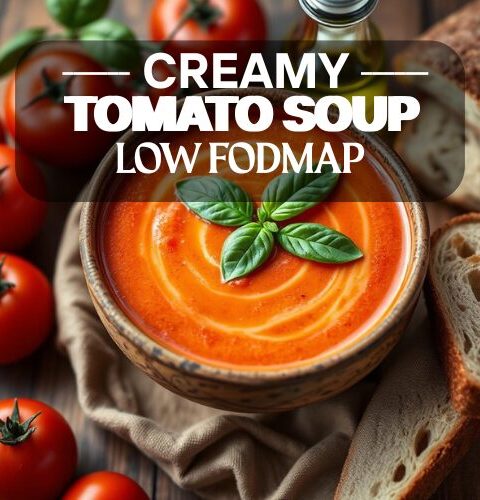 Bowl of creamy low FODMAP tomato soup garnished with herbs, served with gluten-free bread.