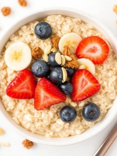 A white bowl of creamy oatmeal topped with sliced strawberries, whole blueberries, banana slices, and a sprinkle of nuts and granola