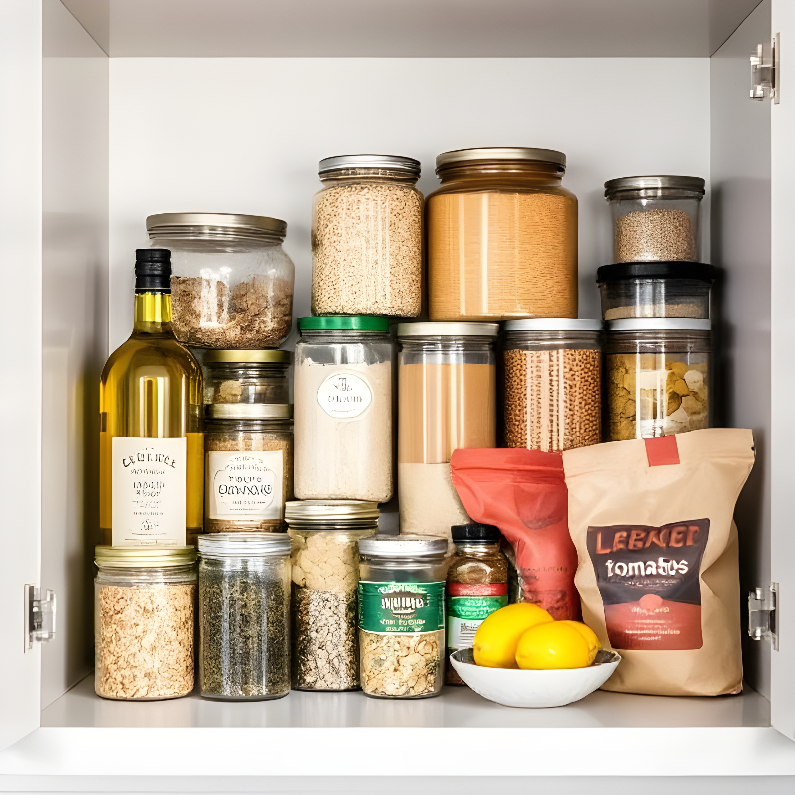 A perfectly organized pantry cabinet with clear glass jars holding various grains, pasta, flour, and cereals, along with bottles of olive oil and a bowl of fresh lemons.