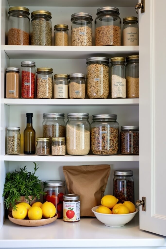  Low-FODMAP pantry staples neatly organized on shelves, including rice, oats, oils, and herbs.