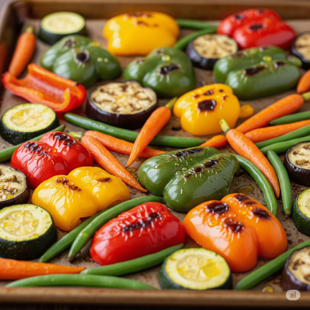 A colorful sheet pan of perfectly roasted low-FODMAP vegetables including red, yellow, and green bell peppers, carrots, green beans, zucchini slices, and eggplant rounds, all with slight char marks