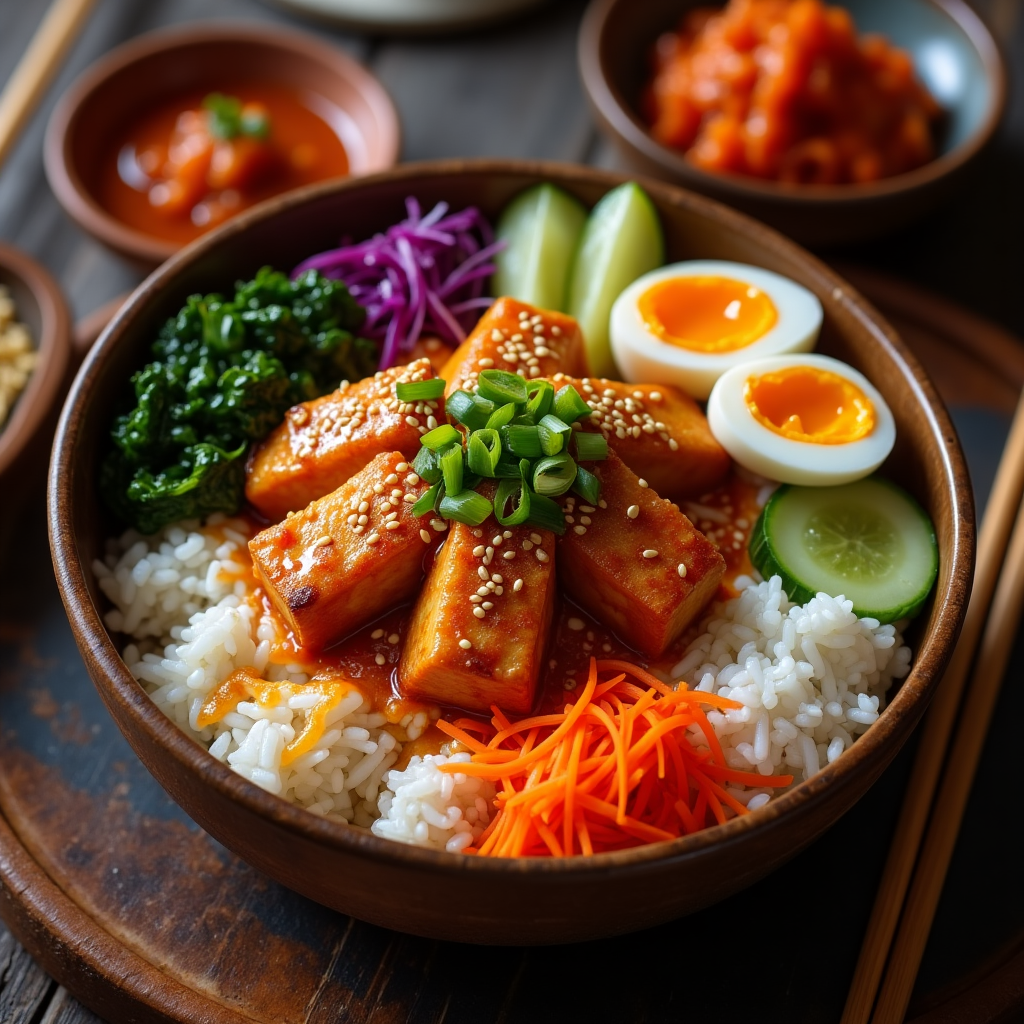 A vibrant, top-down view of a beautifully plated Korean tofu bowl with rice, spicy gochujang tofu, soft-boiled eggs, fresh cucumber, shredded carrots, purple cabbage, and sautéed greens.