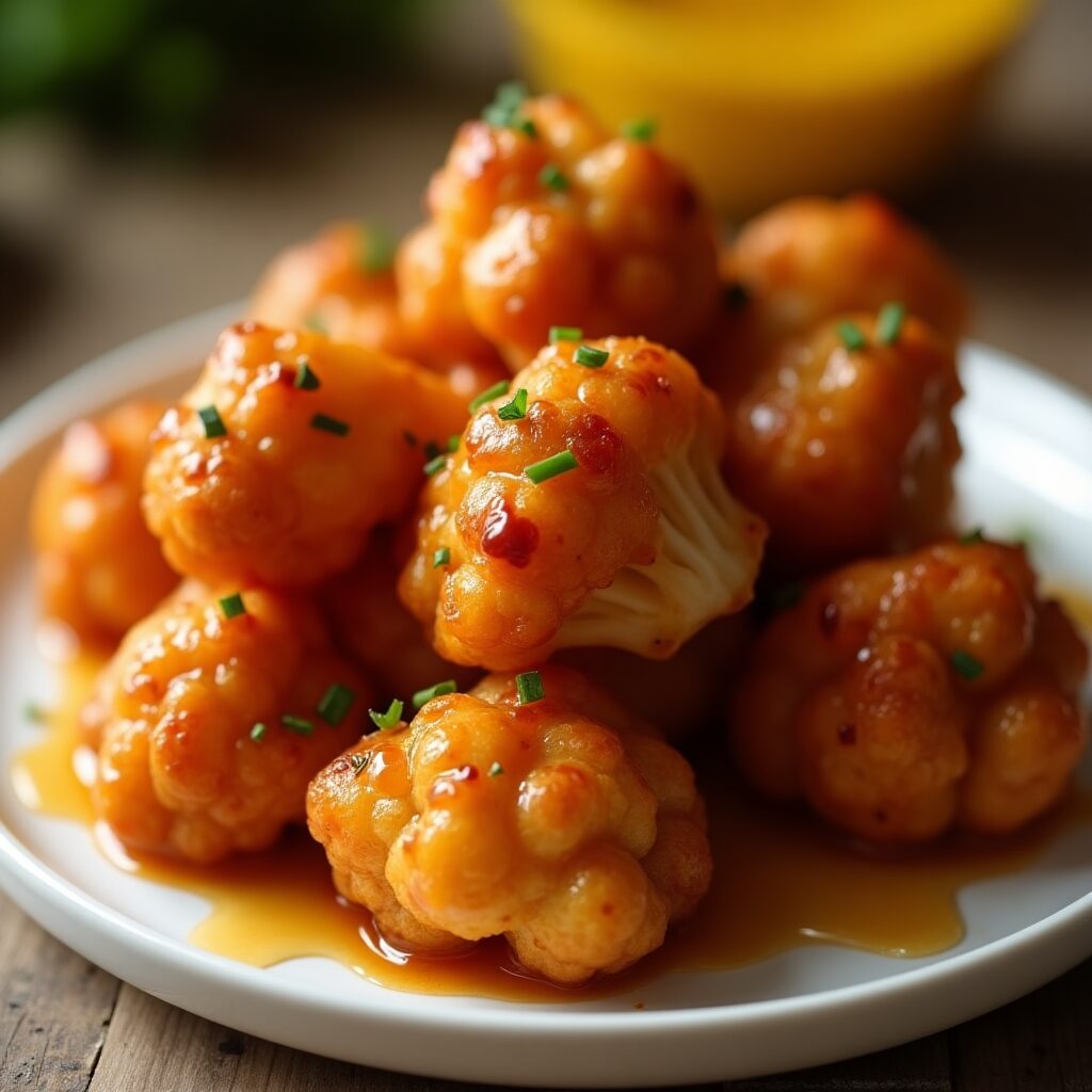 Baked cauliflower florets in a sticky, glossy orange sauce with green garnish, artfully arranged on a white serving dish.