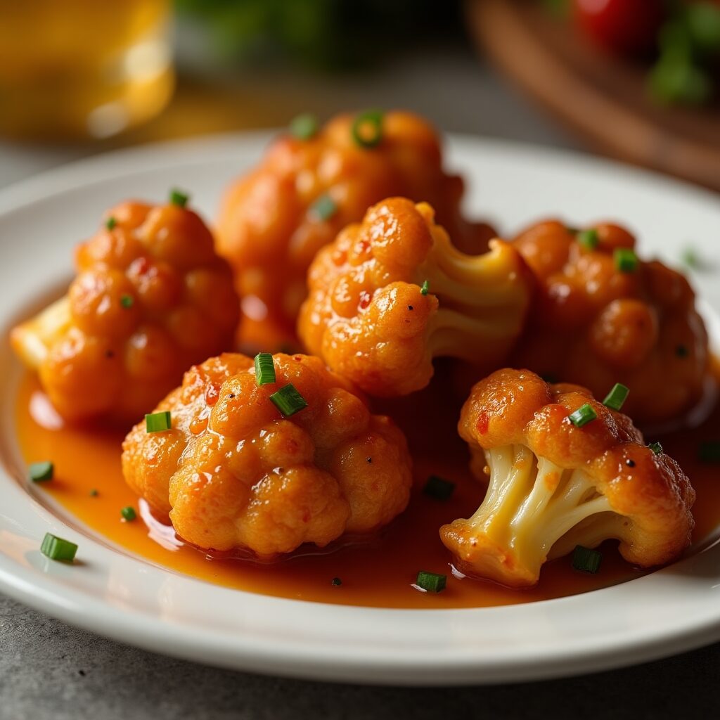 A stack of shiny, orange-glazed cauliflower wings, sprinkled with fresh green herbs, resting on a white ceramic plate.