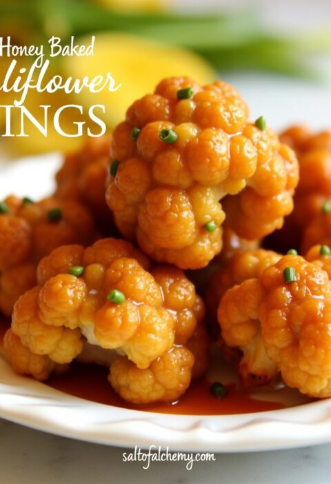 A close-up of vibrant orange hot honey baked cauliflower wings, garnished with chives, piled on a white plate with a warm yellow background.