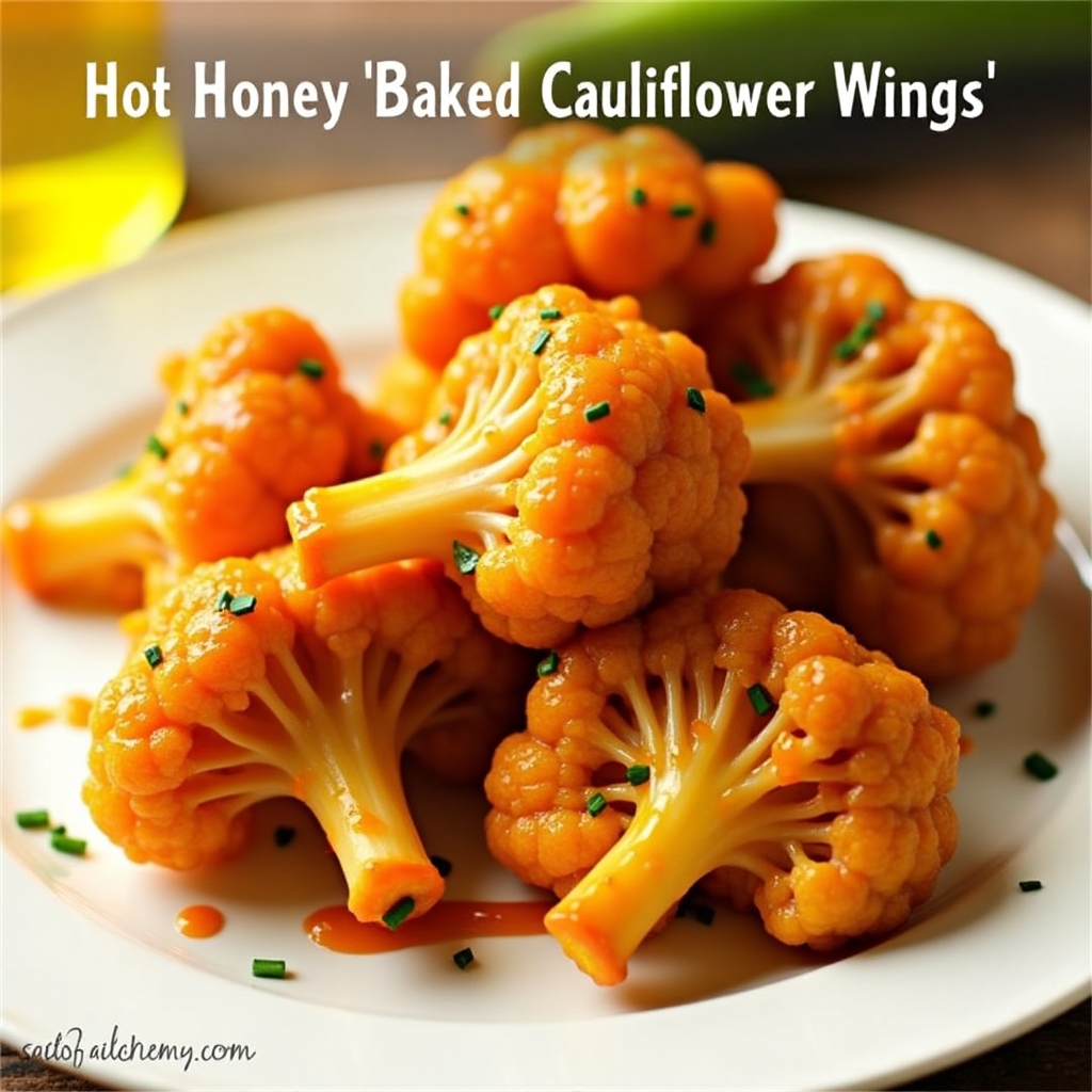  Close-up of glossy, orange-coated baked cauliflower pieces, resembling boneless wings, garnished with small green flecks, presented on a round white plate.