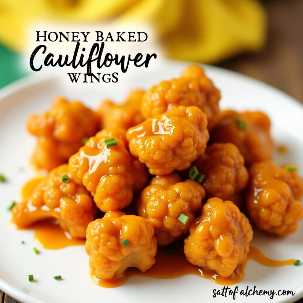 A mound of bite-sized, orange-glazed cauliflower florets, sprinkled with chopped green chives, on a white plate with a subtle warm background.