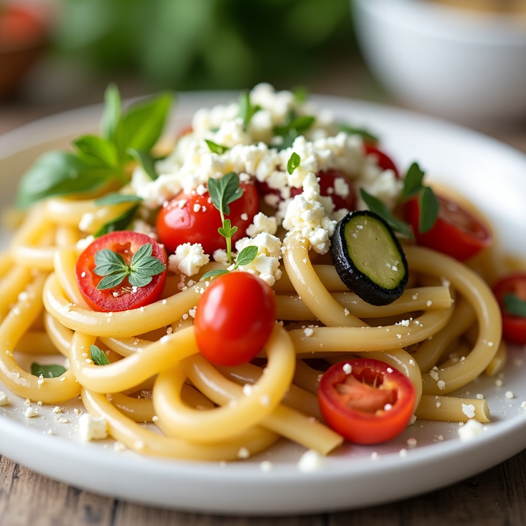 A vibrant close-up of penne pasta mixed with bright red cherry tomato halves, crumbled white feta cheese, and fresh green basil leaves, lightly seasoned with black pepper, on a white plate.