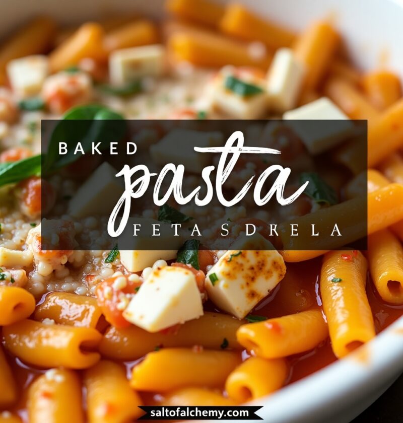 A close-up of a bubbling baked feta pasta dish in a ceramic baking pan, featuring golden pasta and melted feta cheese, on a rustic wooden surface with text overlay.