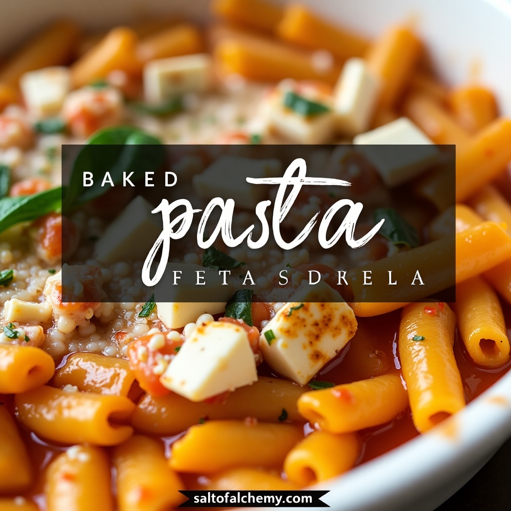 A close-up of a bubbling baked feta pasta dish in a ceramic baking pan, featuring golden pasta and melted feta cheese, on a rustic wooden surface with text overlay.