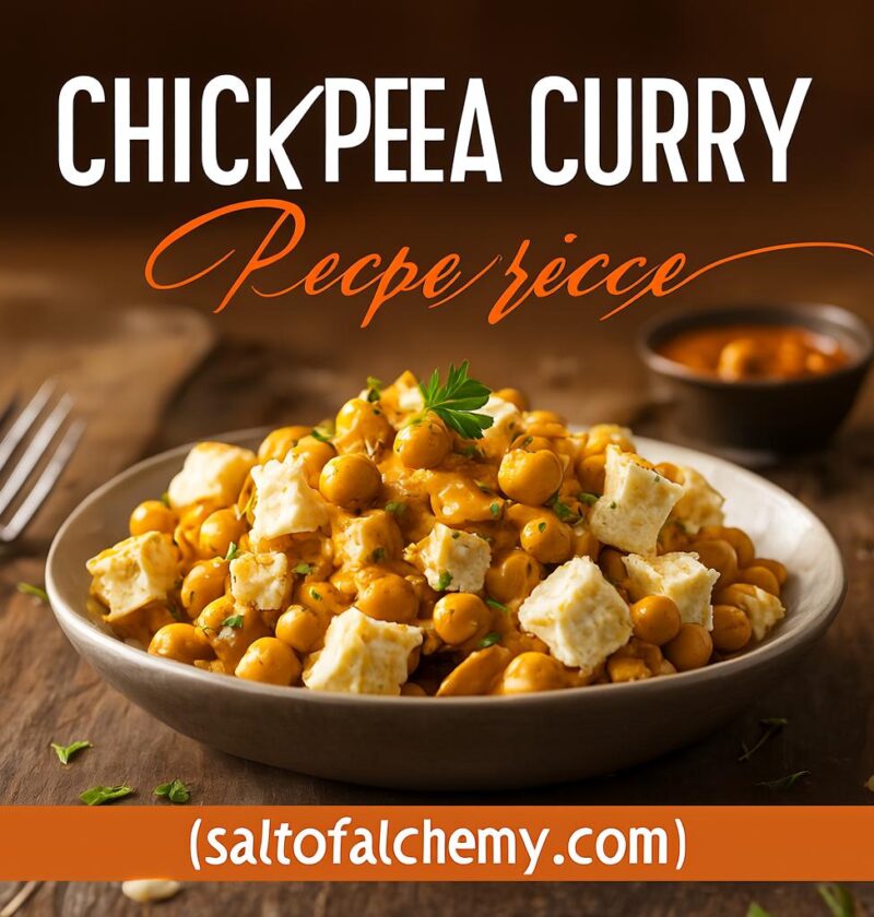 A close-up of a rustic bowl filled with a Spicy Chickpea Curry, featuring whole chickpeas, visible pieces of paneer or tofu, and a sprinkle of fresh parsley, on a wooden surface.