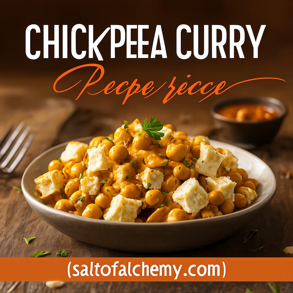 A close-up of a rustic bowl filled with a Spicy Chickpea Curry, featuring whole chickpeas, visible pieces of paneer or tofu, and a sprinkle of fresh parsley, on a wooden surface.