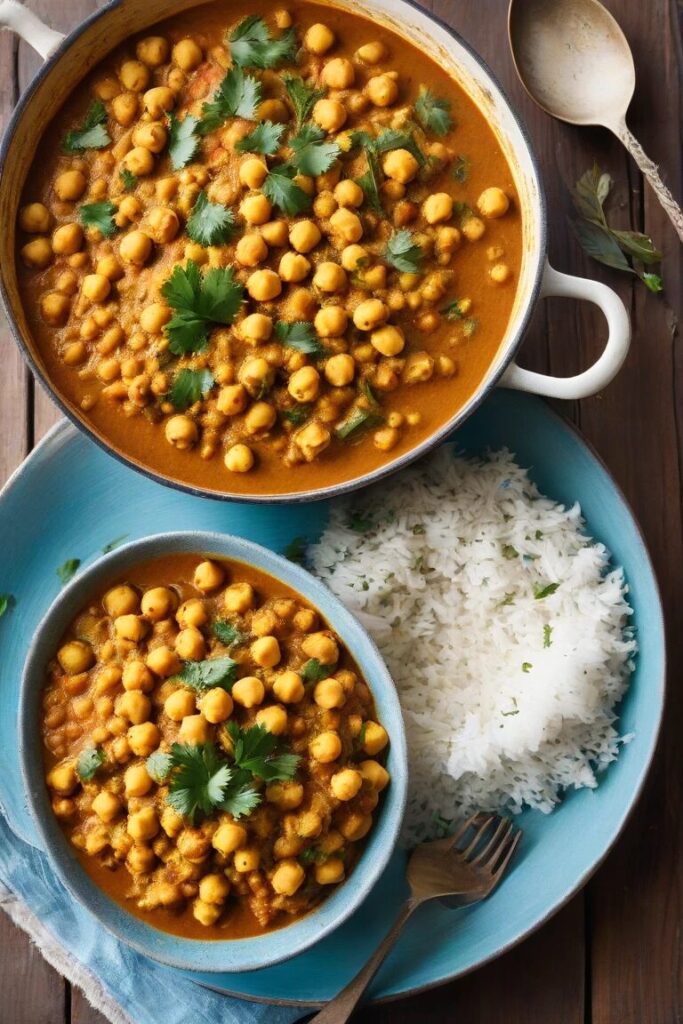A side view of a grey ceramic bowl showcasing a golden chickpea curry with chunky pieces of cheese or paneer, garnished with green herbs, against a blurred background.