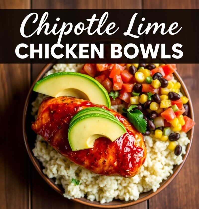 A vibrant close-up of a Chipotle Lime Chicken Bowl, featuring grilled chicken pieces, fluffy white rice, halved cherry tomatoes, fresh cilantro, sliced red onion, ripe avocado, and a lime wedge, presented in a rustic bowl.