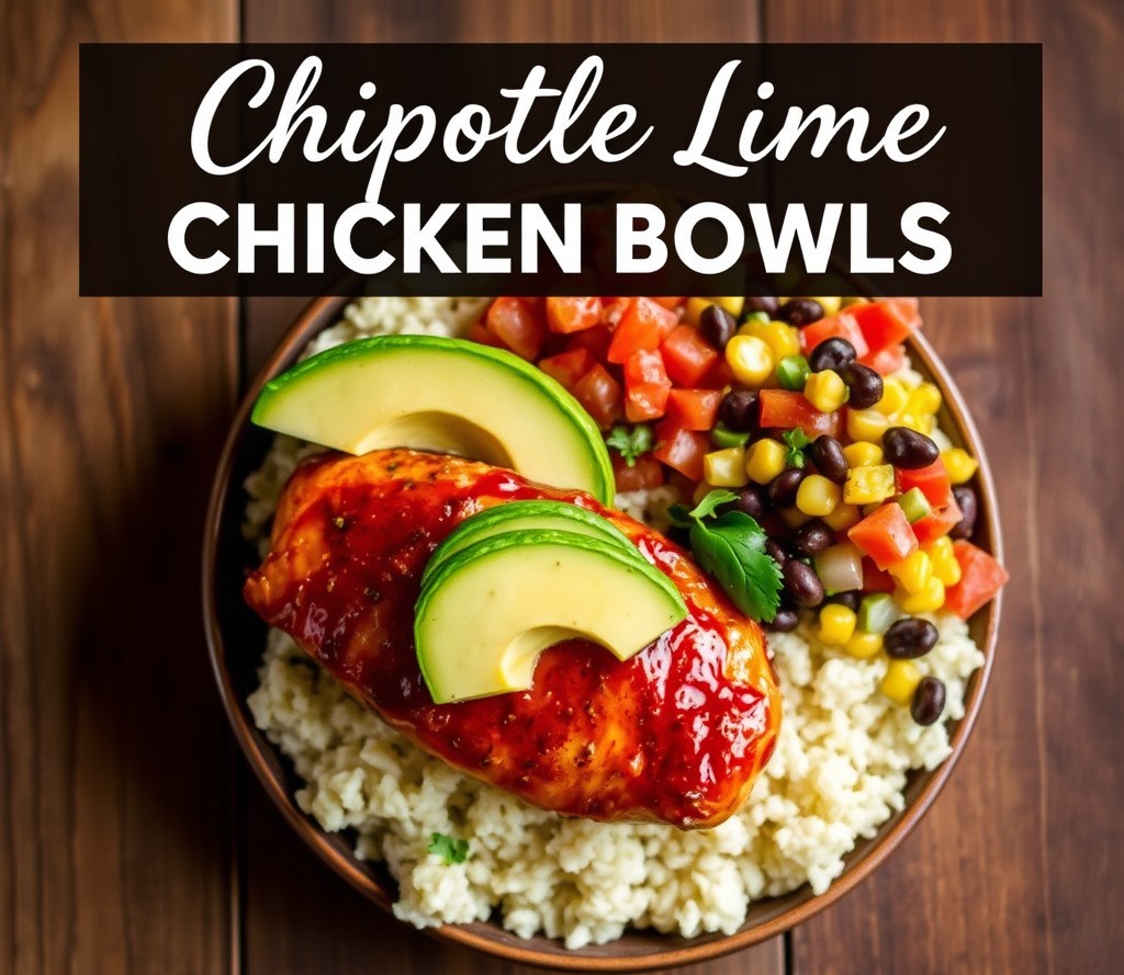 A vibrant close-up of a Chipotle Lime Chicken Bowl, featuring grilled chicken pieces, fluffy white rice, halved cherry tomatoes, fresh cilantro, sliced red onion, ripe avocado, and a lime wedge, presented in a rustic bowl.