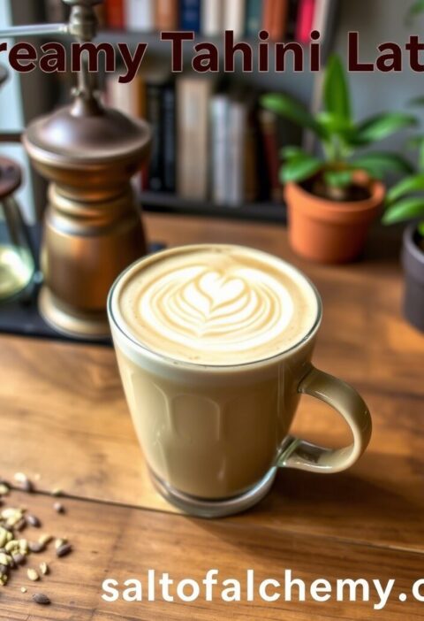 A glass mug of creamy tahini latte with a heart-shaped latte art on a wooden table. In the background are a vintage coffee grinder, a book shelf, and potted plants. The text "Creamy Tahini Latte" and "saltofalchemy.com" are also visible