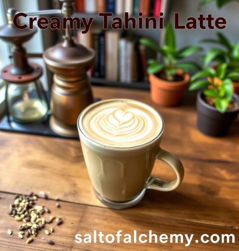 A glass mug of creamy tahini latte with a heart-shaped latte art on a wooden table. In the background are a vintage coffee grinder, a book shelf, and potted plants. The text "Creamy Tahini Latte" and "saltofalchemy.com" are also visible