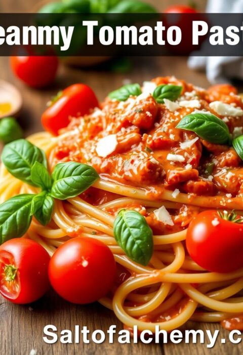 A close-up shot of a plate of creamy tomato pasta with fresh basil leaves and cherry tomatoes on a rustic wooden table. The text "Creamy Tomato Pasta" is visible at the top, and "Saltofalchemy.com" is at the bottom