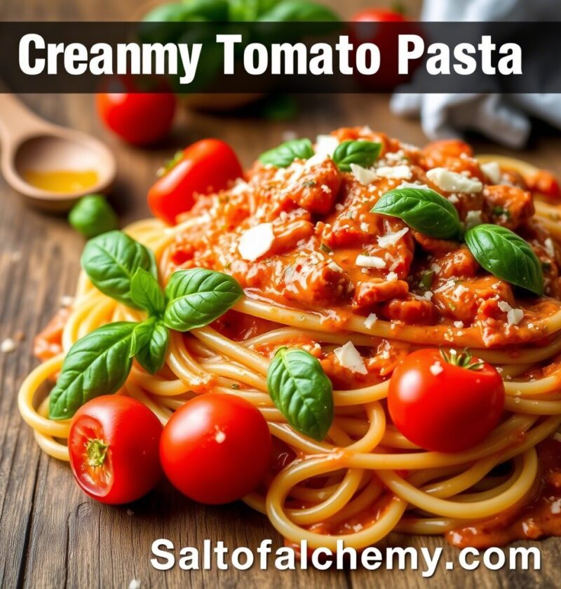 A close-up shot of a plate of creamy tomato pasta with fresh basil leaves and cherry tomatoes on a rustic wooden table. The text "Creamy Tomato Pasta" is visible at the top, and "Saltofalchemy.com" is at the bottom
