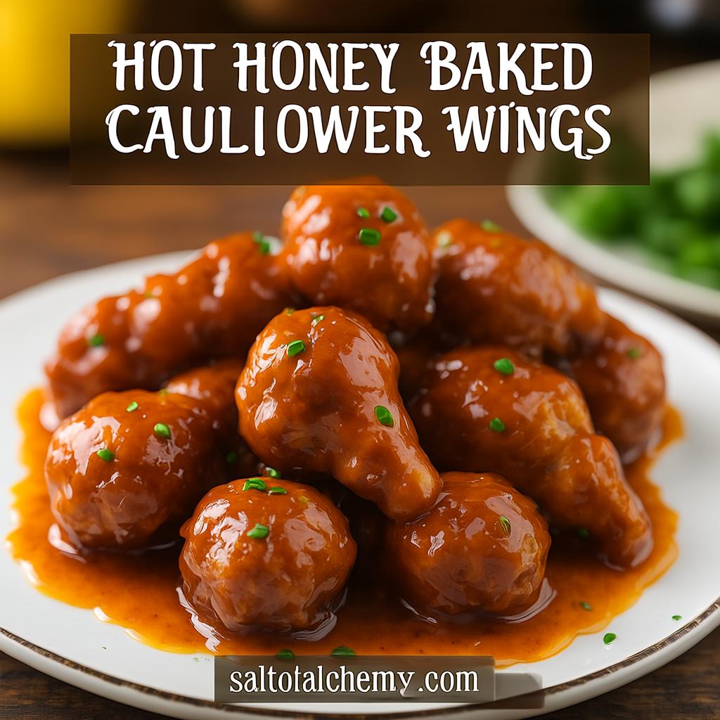 A bright, high-quality photograph showing several pieces of golden-orange cauliflower wings, glazed and topped with green herbs, artfully arranged on a clean white dish.
