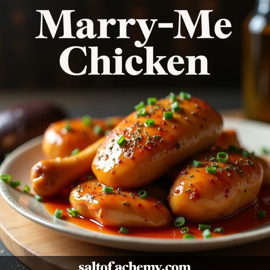 Golden Marry Me Chicken drizzled with creamy tomato sauce, topped with herbs and pepper flakes on a white plate.