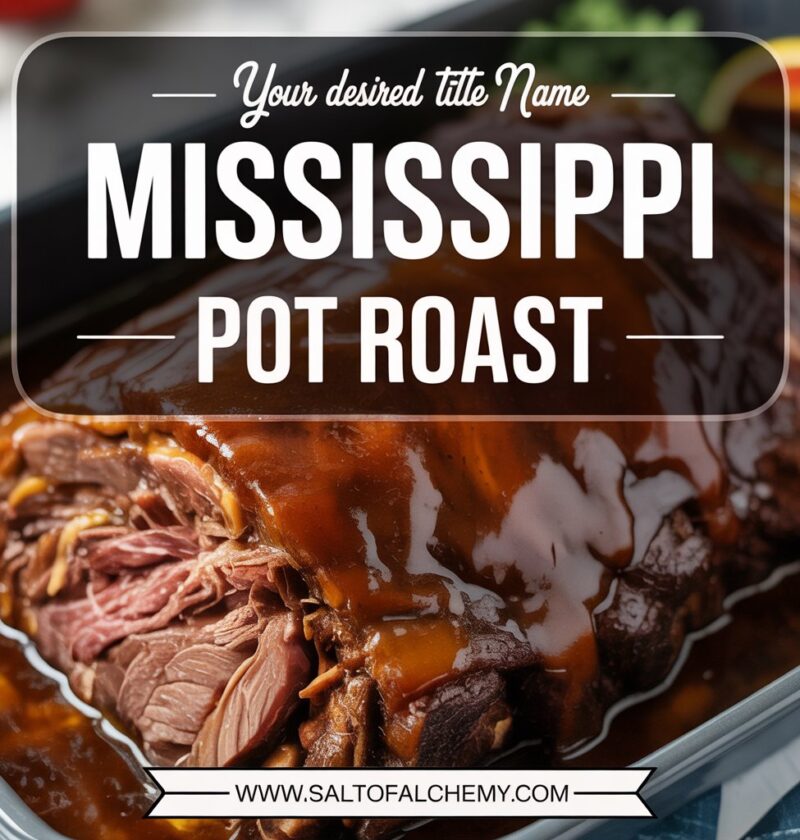 Rustic ceramic dish filled with a rich Mississippi Pot Roast, ready to be served.