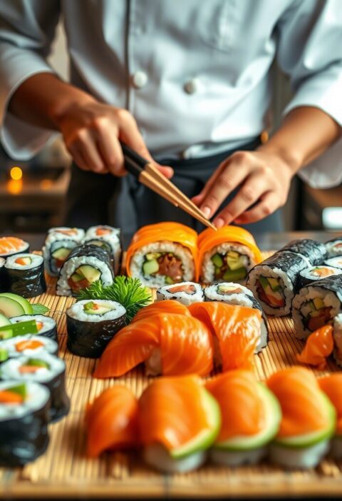 A close-up shot of a chef's hands using chopsticks to arrange a large platter of assorted sushi. The platter, made of a bamboo mat, is filled with various rolls, including salmon nigiri, maki rolls with avocado and cucumber, and other vibrant sushi pieces.