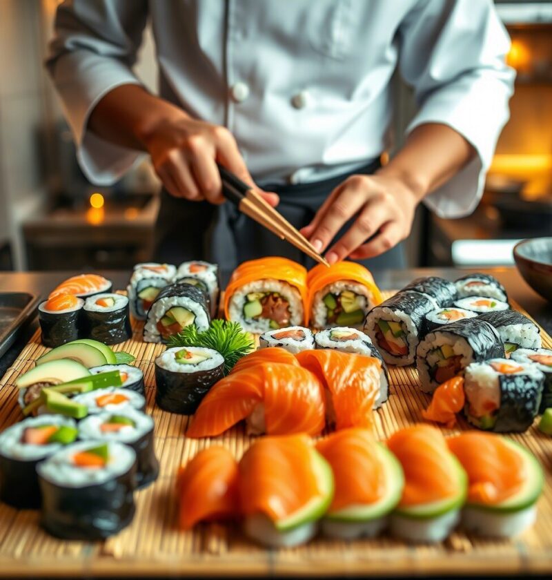 A close-up shot of a chef's hands using chopsticks to arrange a large platter of assorted sushi. The platter, made of a bamboo mat, is filled with various rolls, including salmon nigiri, maki rolls with avocado and cucumber, and other vibrant sushi pieces.
