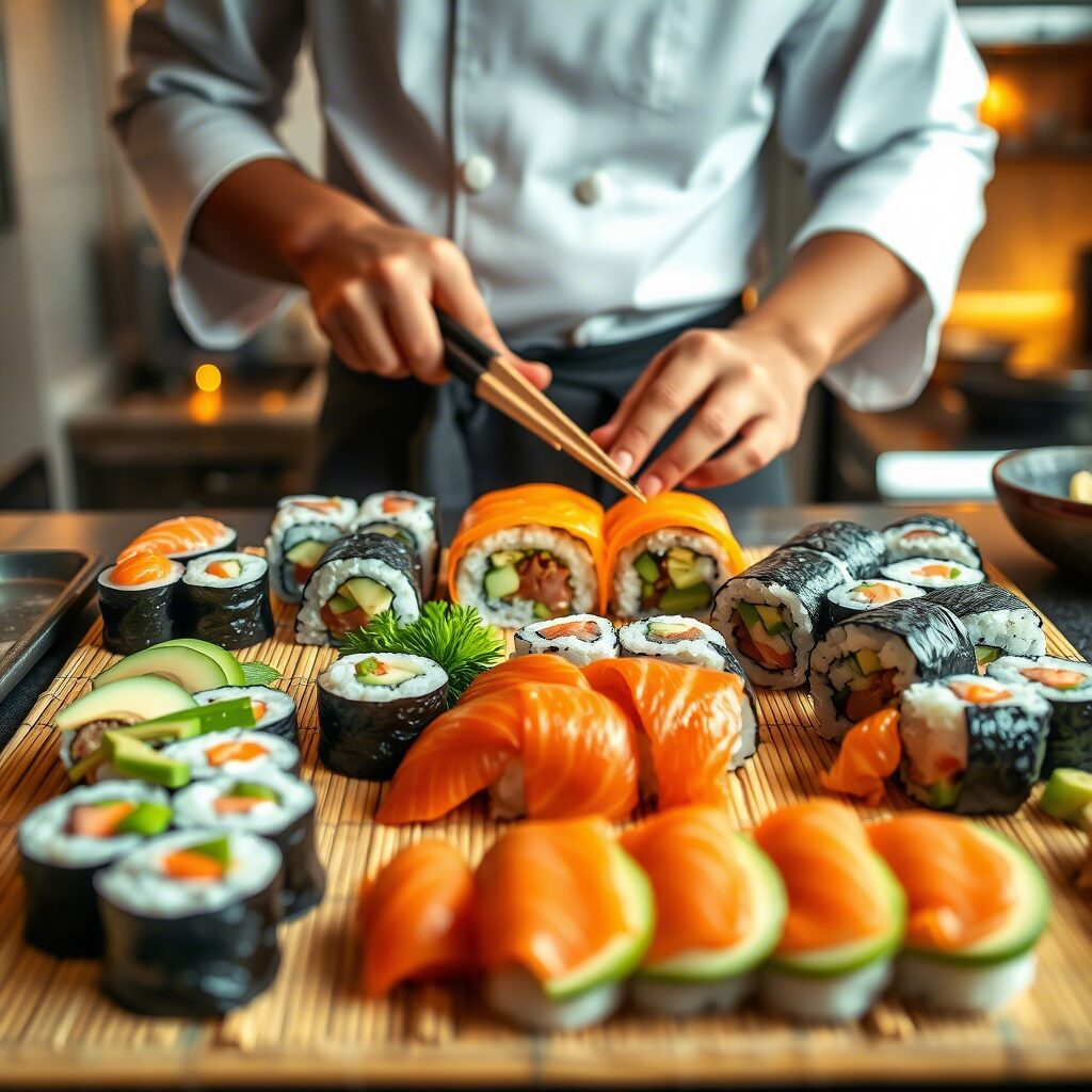 Slow-Roasted Stuffed Onion A close-up shot of a chef's hands using chopsticks to arrange a large platter of assorted sushi. The platter, made of a bamboo mat, is filled with various rolls, including salmon nigiri, maki rolls with avocado and cucumber, and other vibrant sushi pieces.